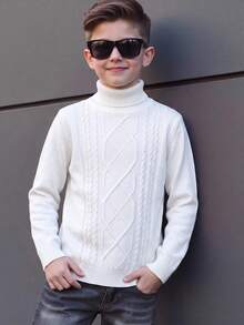 SHEIN White Autumn/Winter High Neck Kids Vintage Textured Comfortable Preppy Style Solid Color Loose Casual Sweater Suitable For School And Outings - White - View 4