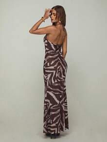 Aloruh Women's Spaghetti Strap Beaded Decor Brown Zebra Print Print Fitted Dress Vacation Summer Sexy - Multicolor - View 2