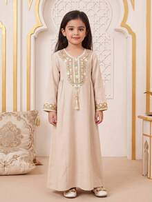 SHEIN Young Girl Woven Round Neck Patchwork Ribbon Loose Casual Dress, Young Girl Floral Young Girls Jalabiya, Elegant Vintage Floral Embroidered Print Midi Dress, Young Girl Casual Minimalist Traditional Long Sleeve Arabian Dress Suitable For Spring/Summer, Festival Style Matching Family Vacation, / Young Girl Elegant Modest Long Sleeve Dress, Prayer Abaya, Easy Comfort, Casual Wear, Vacay Vibes, Modest Kaftan, Young Girls Jalabiya, Girl Jalabiya, Apricot Dress, Mommy & Sisters & Me - Apricot - View 5