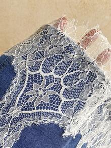 Soleia Women's Fashion Versatile Lace Patchwork Pleated Strapless Denim Dress - Baby Blue - View 7