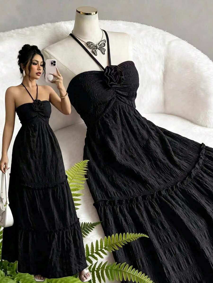 Elenzga Women's Solid Color 3D Floral Decor Elegant Halter Neck Dress - Black - View 1