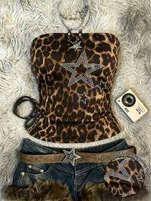 SHEIN Women's Leopard Print Star Slim Fit Bandeau / Casual Daily / Summer - Multicolor - View 1