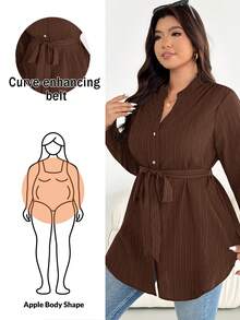 SHEIN Essnce Plus Size Casual Versatile Commute Solid Color Shirt Fall - Brown - View 2