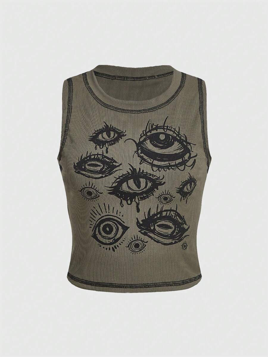 ROMWE Goth Eye Print Tank Top, School - Army Green - View 1