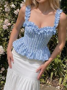 Nuvra Women's Summer Elegant Plaid Ruffle Tank Top - Blue - View 1