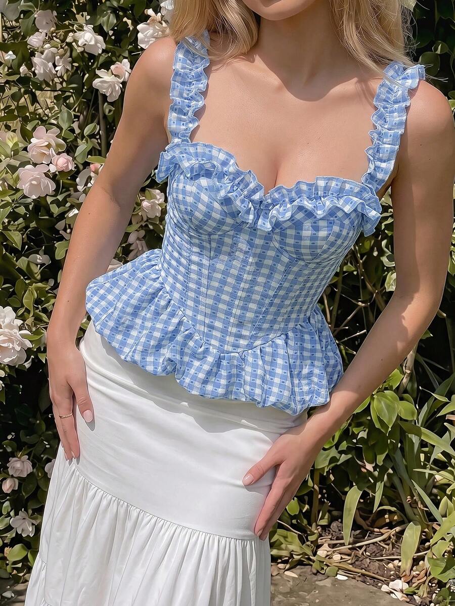 Nuvra Women's Summer Elegant Plaid Ruffle Tank Top - Blue - View 1