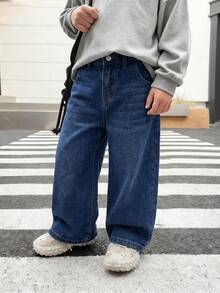 SHEIN Little Byeori Boys' Black Denim Loose Fit Long Pants - Dark Wash - View 5