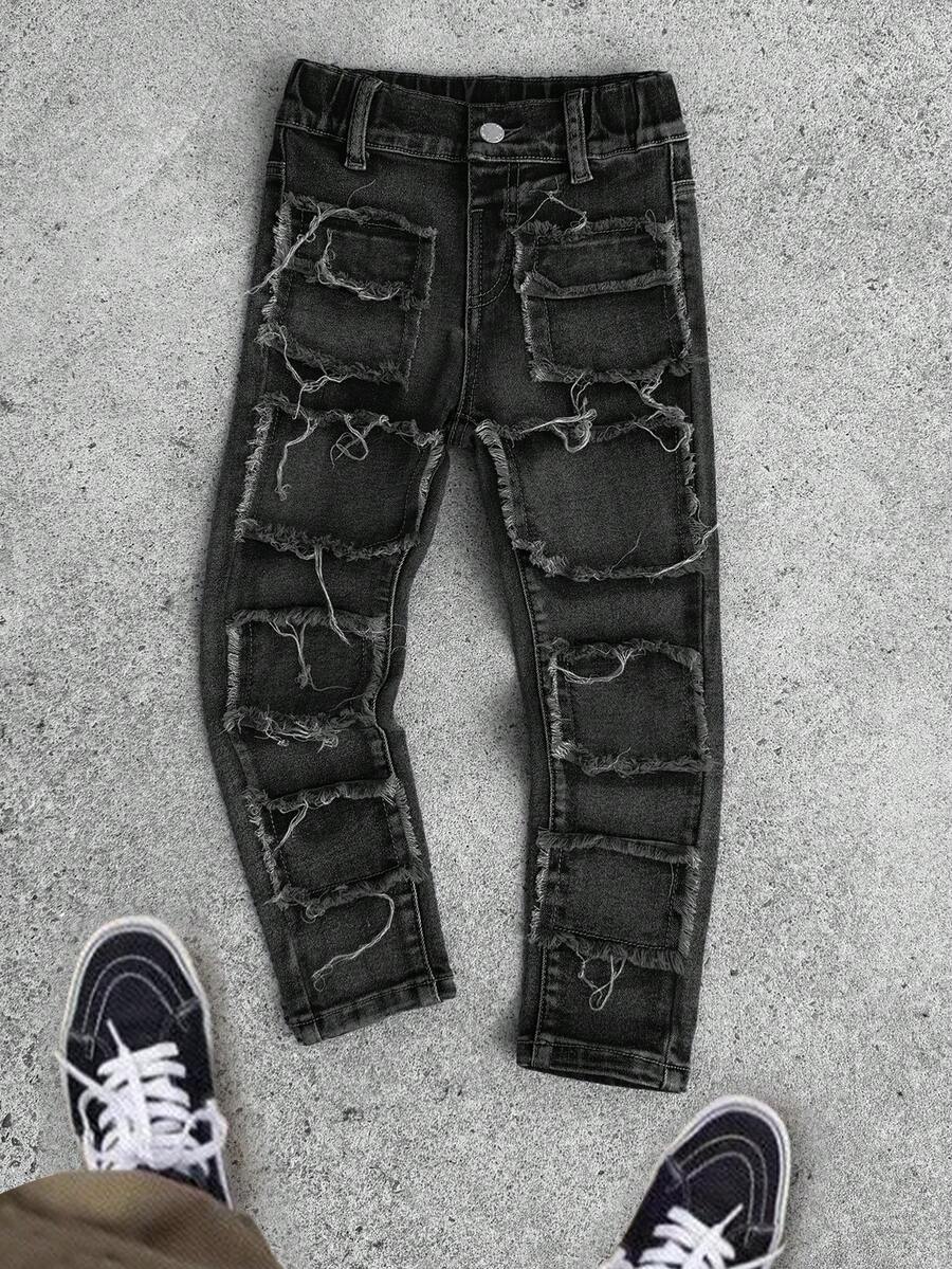 SHEIN Kids Young Boy Casual Washed Distressed Denim Jeans - Black - View 1