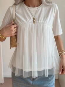 FRIFUL Women's Round Neck Loose 2 In 1 Mesh Patchwork Wide Hem Loose Solid Color T-Shirt - White - View 5