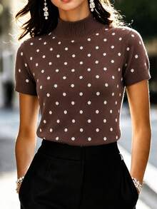 SHEIN Áo len dệt kim nữ cổ giả ôm sát tay ngắn họa tiết chấm bi - Cà phê nâu - Xem 3