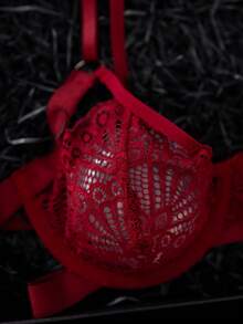 SHEIN 2件組橘色鋼圈內衣與內褲套裝，亮麗甜美風格 - 酒紅色 - 查看 4