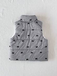 SHEIN Playful Pals 1件女嬰灰色蝴蝶結印花拉鍊加厚小立領無袖棉服背心，可愛休閒韓風棉墊背心外套，適合冬季日常外出或室內場合，百搭穿搭 - 灰色 - 查看 2