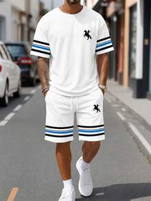 Sorvial Men's Vacation Knight Graphic Print Short Sleeve T-Shirt And Striped Drawstring Waist Shorts Set - White - View 1