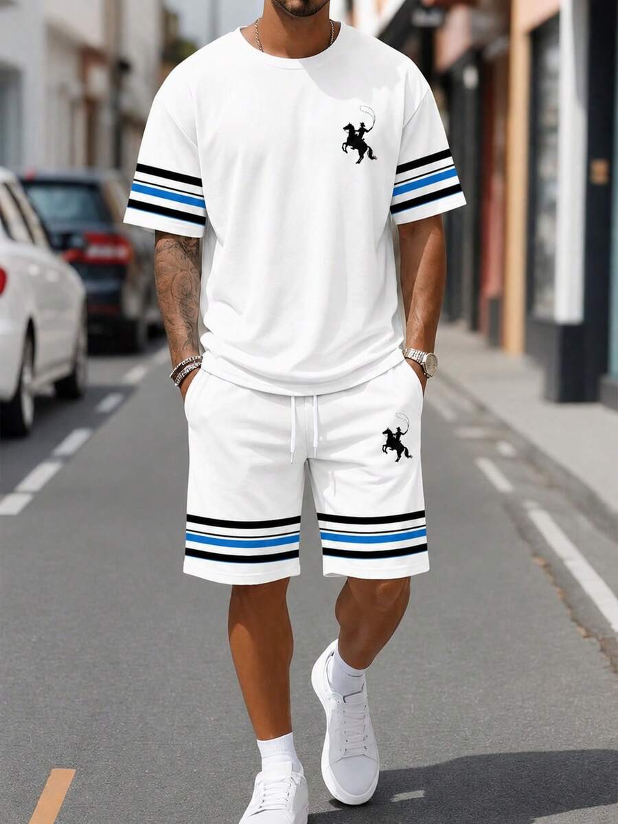 Sorvial Men's Vacation Knight Graphic Print Short Sleeve T-Shirt And Striped Drawstring Waist Shorts Set - White - View 1