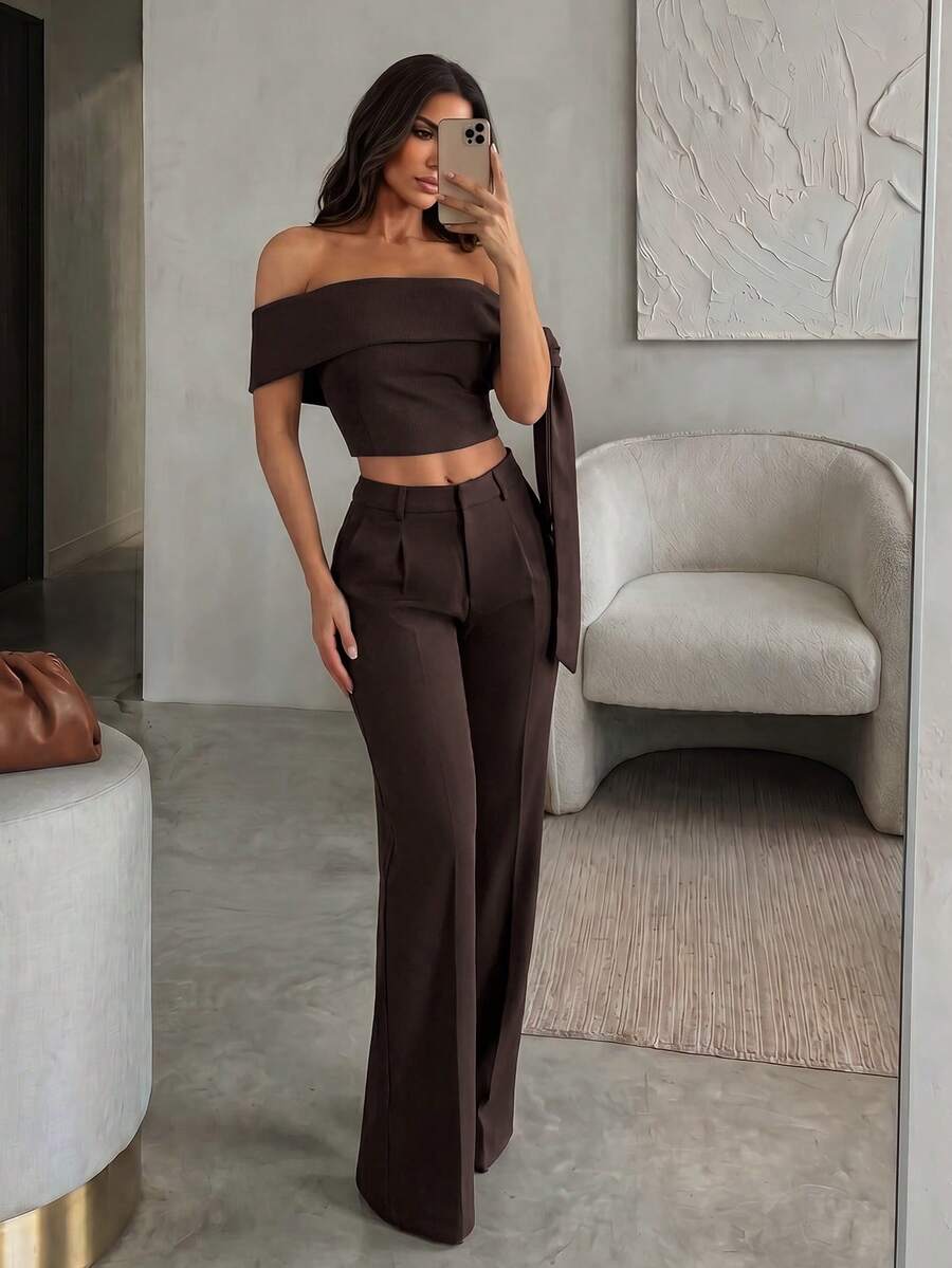 SHEIN Unity Elegant Sexy Minimalist Commuter Women's Off-Shoulder Tie-Up Cropped Top Casual Straight-Leg Pants Office Cocktail 2 Pieces Set Dark Brown Summer