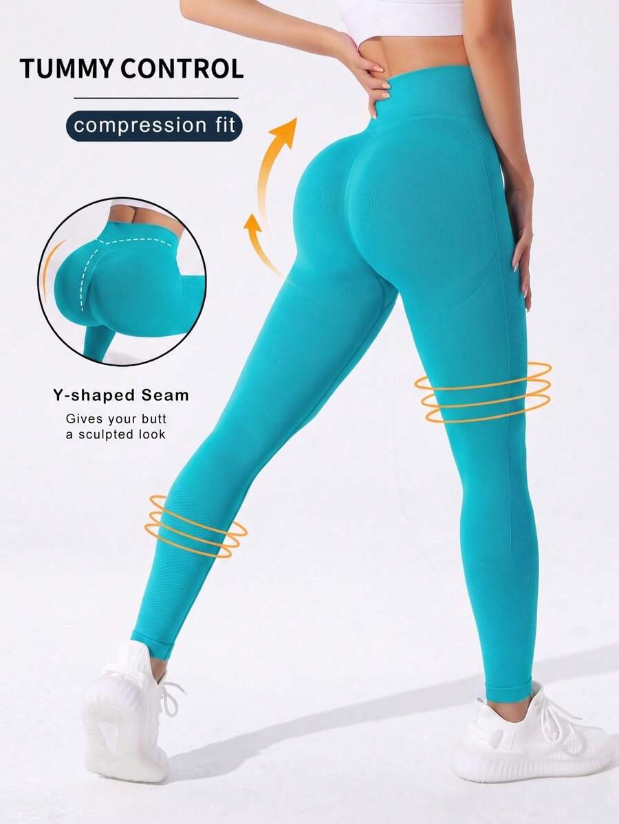 Slayform Slayform Legging Olahraga Wanita Warna Polos Pinggang Tinggi Tanpa Jahitan Elastisitas Tinggi - Cadet Blue - View 1