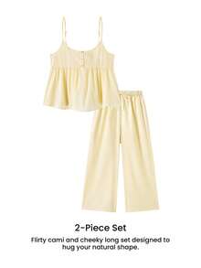 LUVLETTE Soft Airy Women's Yellow Summer Sweet Two-Piece Set - Double-Layered Ruffles & Polka Dots Adorable Breezy Home Wear - Yellow - View 14