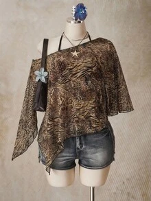 SHEIN ICON 大尺碼復古性感獨家豹紋網紗上衣女款 - 彩色 - 查看 3