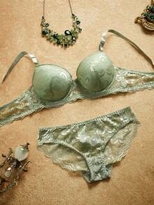 PinupPomp Lace Lingerie Set (With Underwire, Triangle Panty) - Olive Green - View 3