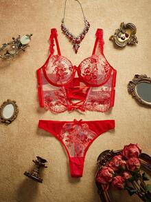 PinupPomp 2pcs Set Lingerie Jala Bordir Transparan Merah Klasik Wanita untuk Pengantin, Cocok untuk Acara Musim Panas dan Tamu Pernikahan - Merah - View 1