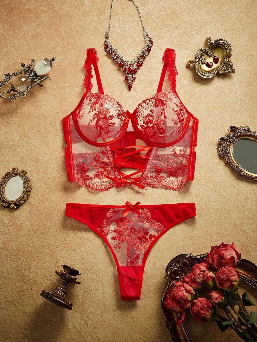 PinupPomp 2pcs Set Lingerie Jala Bordir Transparan Merah Klasik Wanita untuk Pengantin, Cocok untuk Acara Musim Panas dan Tamu Pernikahan - Merah - View 1