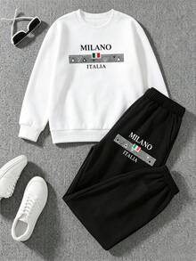 SHEIN 2件組青少年男孩時尚白色運動衫與深綠色長褲套裝，胸前綠色圖案印花，酷炫街頭風，柔軟舒適面料，易穿搭，適合春秋季、學校、外出，男孩必備兩件套 - 黑與白 - 查看 3