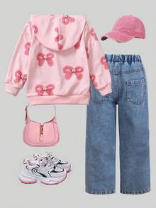 Elladie kids 女童粉色蝴蝶結印花連帽衛衣與藍色水洗牛仔寬腿褲套裝，甜美3D毛絨蝴蝶結兩件式套裝，秋季日常、週末出遊、柔軟可愛女童服飾、開學季 - 粉色 - 查看 3
