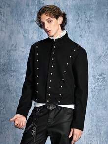 ROMWE MEN Street Life Men's Long Sleeve Casual Napoleon Overcoat - Black - View 5