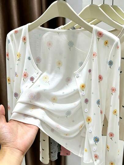 Resyla Blusa casual de manga larga con estampado de margaritas y abotonadura sencilla para mujer