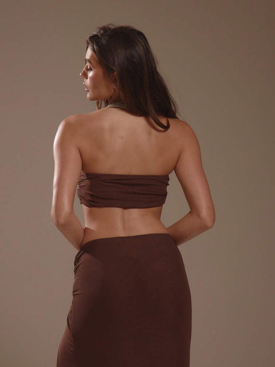 Brown Slinky Ruched Bandeau Micro Crop Top