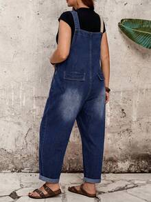 EMERY ROSE EMERY ROSE Plus Size Casual Traditional Baggy Formal Whimsical Denim Overalls For Vacation Halloween Back To School Country Cuffed Ankle Navy Blue Tapere Summer - Black - View 3