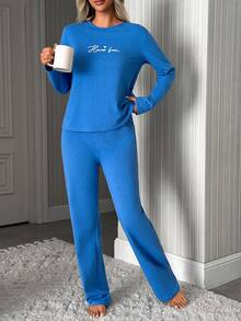 SHEIN Solid Color Have Fun Slogan Print Casual Lounge Pajama Set - Blue - View 4