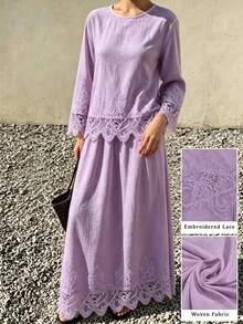 Mulvari 女款法式白色蕾絲刺繡拼接上衣與裙子兩件套 - 紫色 - 查看 6