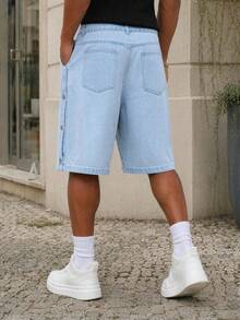 Manfinity EZcore Men Plus Size Casual Wide Leg Denim Shorts With Multi-Buckle Belt, Street Fashion - Light Wash - View 2