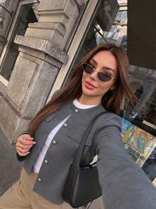 Modelyn Spring/Autumn Simple Fashion Elegant Round Neck Metal Button Slimming Versatile Daily Commute Women's Jacket - Grey - View 1