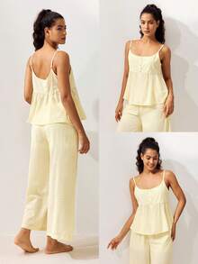 LUVLETTE Soft Airy Women's Yellow Summer Sweet Two-Piece Set - Double-Layered Ruffles & Polka Dots Adorable Breezy Home Wear - Yellow - View 4