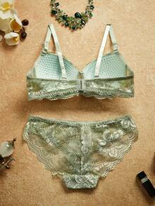 PinupPomp Lace Lingerie Set (With Underwire, Triangle Panty) - Olive Green - View 2