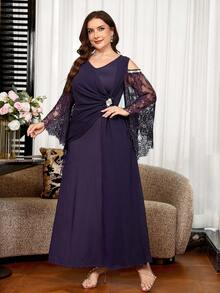 Reflora Plus Size Elegant Elegant Rhinestone Buckle Pleated Lace Patchwork Dress Fall - Purple - View 7