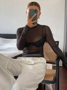 DAZY Atasan Wanita Model Slim Fit Leher Bulat Lengan Panjang Motif Polkadot Warna Blok, Gaya Kasual, untuk Liburan Musim Semi dan Gugur. - Hitam - View 6