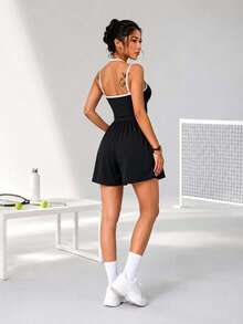 SHEIN 1pc Contrast Binding Cami Romper With Ruched Detail Crisscross Back Athletic Athleisure Sporty Style Gym Workout Black And White Summer - Black - View 2