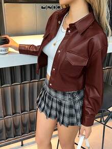 Muchica 女款秋冬酒紅色 PU 夾克外套，前襟鈕扣、翻蓋口袋、落肩設計 - 酒紅色 - 查看 3