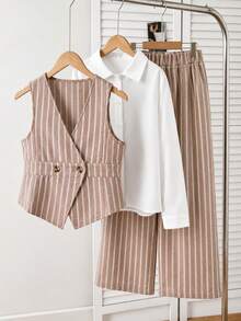 SHEIN Ensemble 3 pièces pour préadolescentes, veste, hauts blancs à manches longues vintage, rentrée scolaire, ample, pantalon large à rayures d'automne, pantalon large blanc à rayures - Multicolore - Voir 3