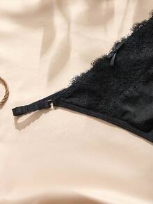 Charlaine 1pc Black Lace Patchwork Plus Size Thong For Women - Black - View 4
