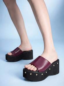 Sugerpunk Pantuflas de mujer de punta abierta con suela gruesa y remaches estilo locomotora - Burdeos - Ver 6