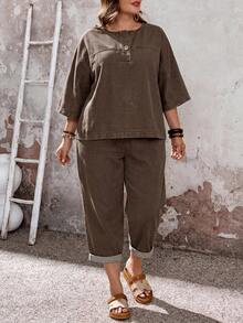 EMERY ROSE CURVE Plus Size Casual Washed Denim Top And Pants 2 Pieces Set - Brown - View 3