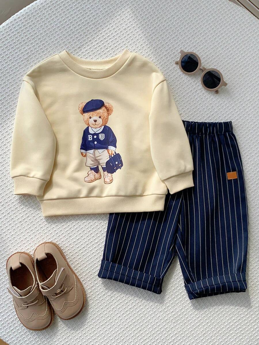 2pcs/Set Baby Boy Autumn Winter Casual Cute Versatile Long Sweatshirt & Striped Long Pants Set, Bear Design Infant Outfit - Multicolor - View 1