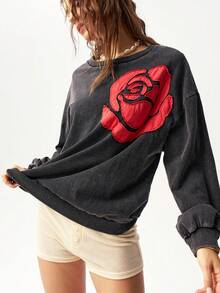 Bohemela Plus Size Women's Floral Print Drop Shoulder Long Sleeve Crew Neck Loose Sweatshirt Fall - Black - View 7