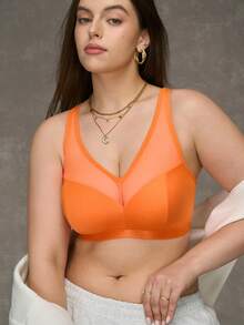 SHEIN Plus Size Wireless Curve Bralette, Minimalist Design, Olive Green Orange Lingerie Orange Bra Orange Bralette - Orange - View 3