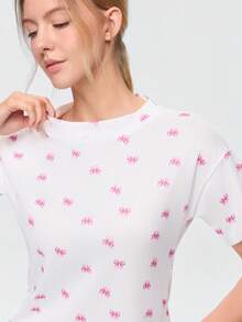 Bonmuse 两件套女士休闲睡衣套装，可爱蝴蝶结印花上衣，轻盈透气家居服套装，夏季 - 白色 - 查看 4