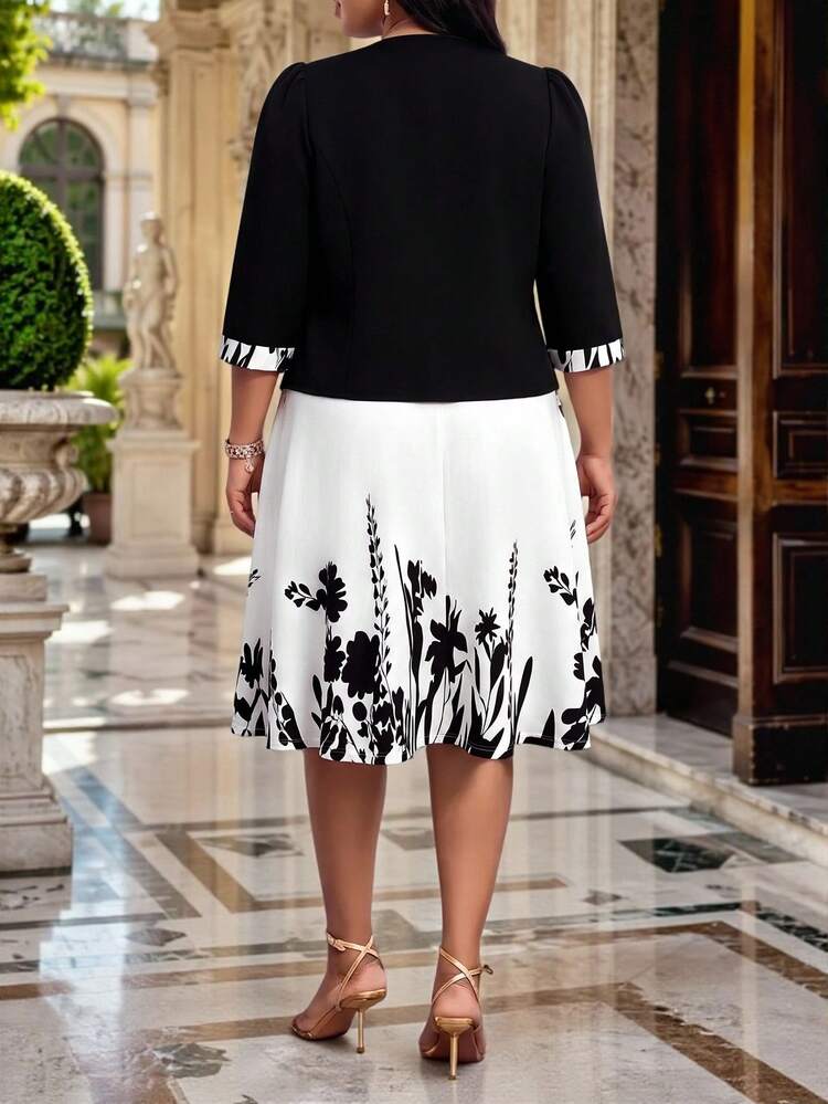 SHEIN Lady Plus Size Women's Floral Print Dress And Cardigan Casual Elegant Everyday 2-Piece Set Wedding Bussines Formal Black White Summer - Black and White - View 2